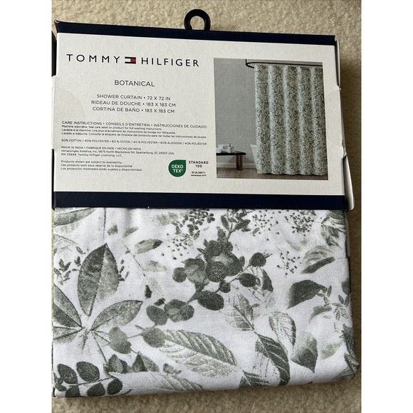 Tommy Hilfiger Botanical Cotton Blend Shower Curtain Green Flowers Leaves White - Picture 2 of 6